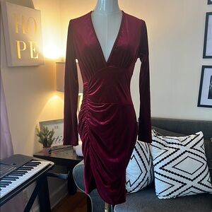 Red Ruched Wrap Long Sleeve Dress